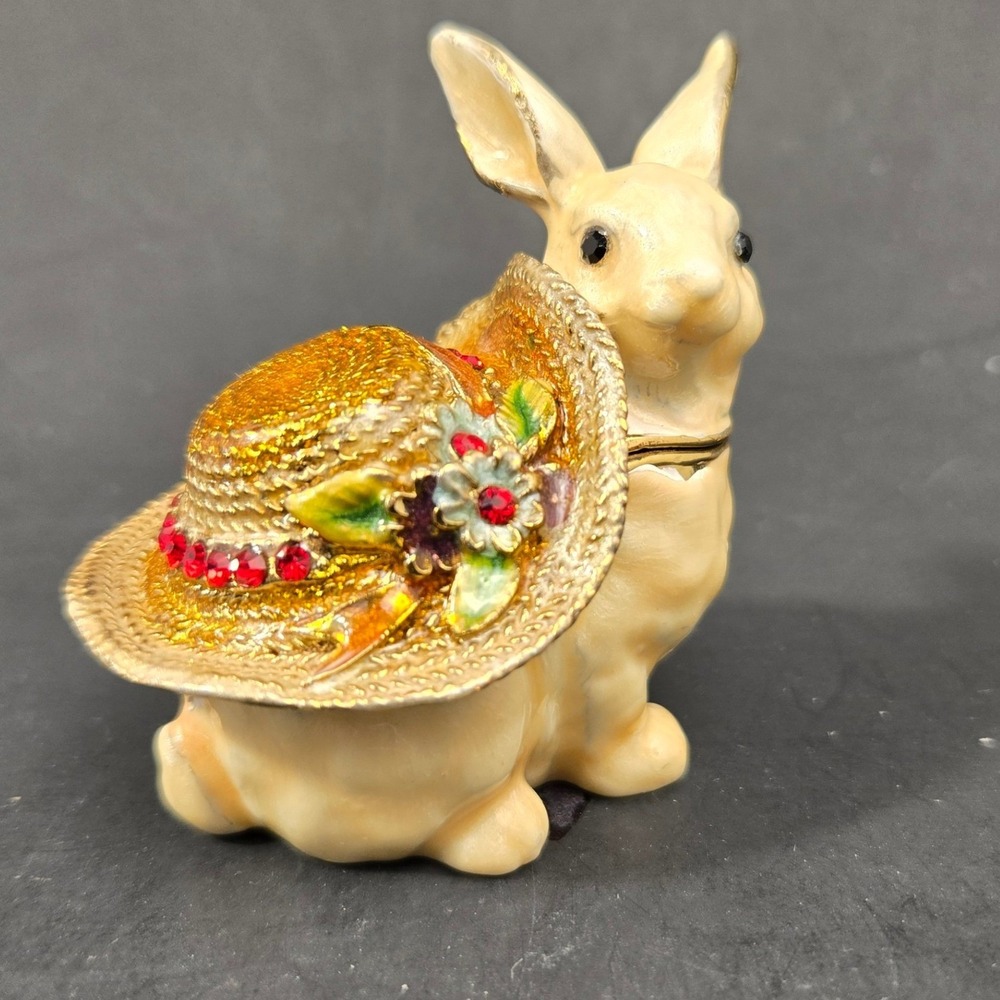 Enamel Bunny Rabbit Trinket Box Jeweled Hinged Straw Hat Figurine Gold Tone
